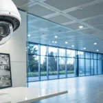 A surveillance monitor displays feeds from a business security system with cameras.