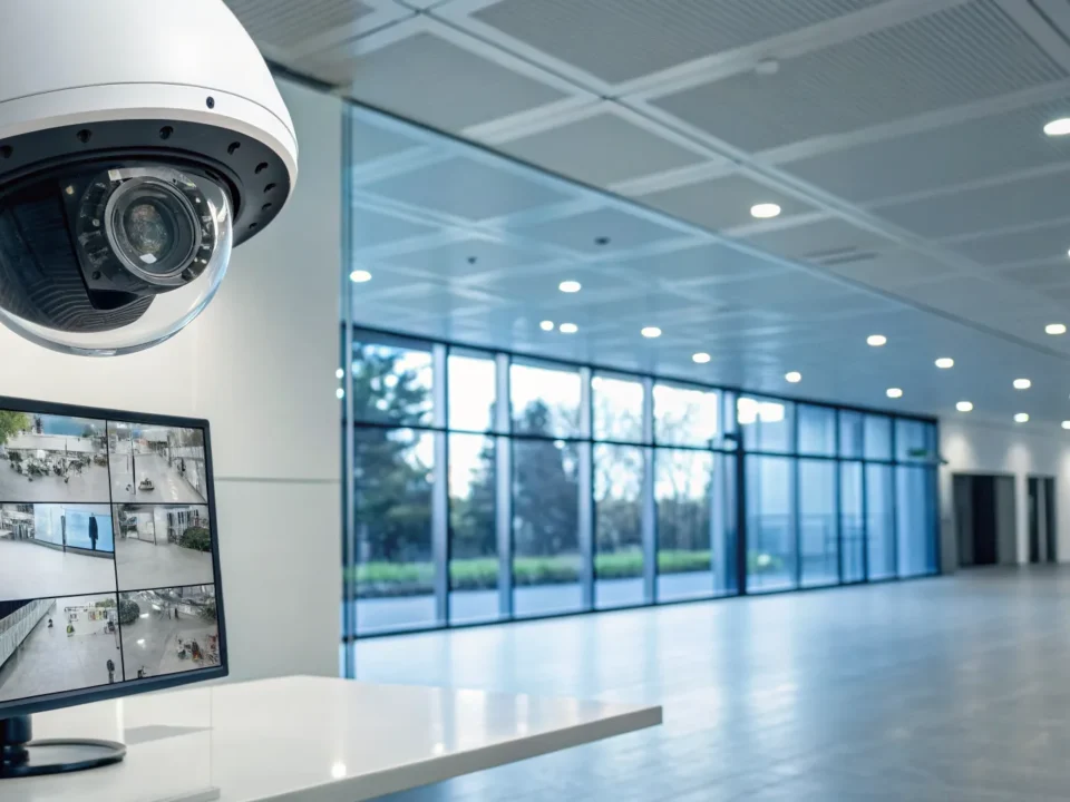 A surveillance monitor displays feeds from a business security system with cameras.