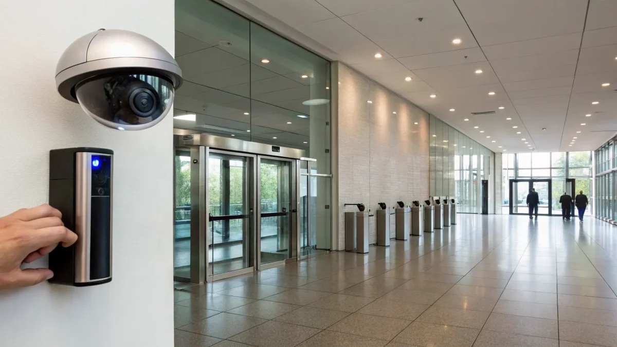 Commercial security cameras and an access control system protecting an office lobby.