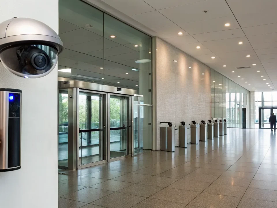 Commercial security cameras and an access control system protecting an office lobby.