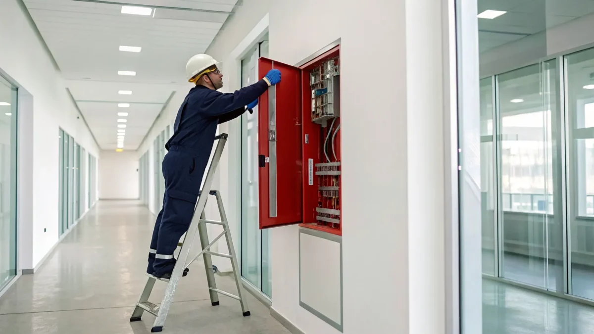 Technician providing fire alarm installation services for a commercial system control panel.