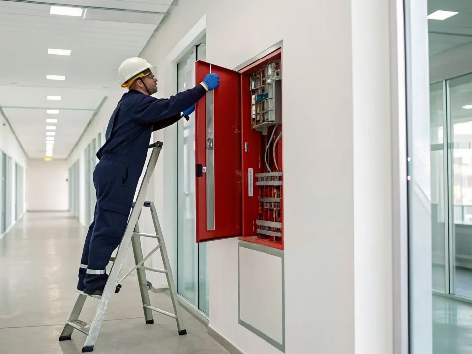 Technician providing fire alarm installation services for a commercial system control panel.