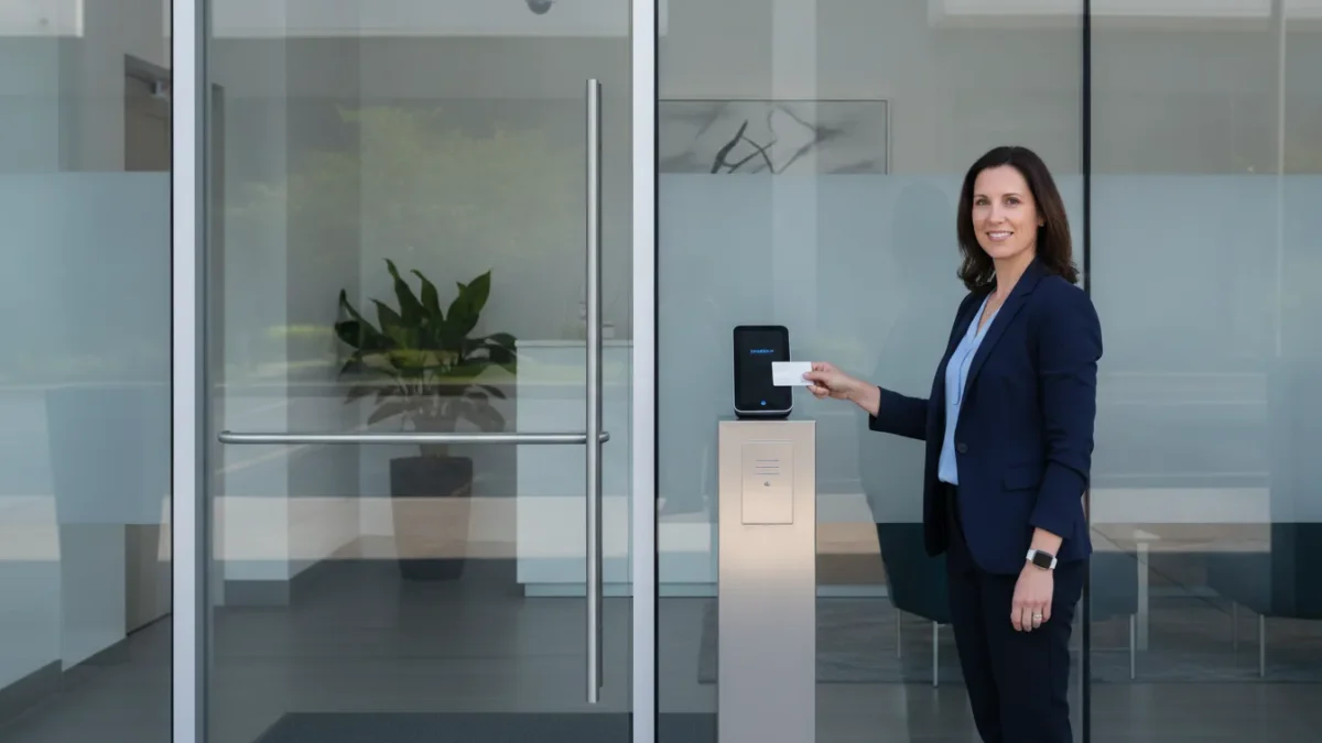 Employee using a commercial access control card reader
