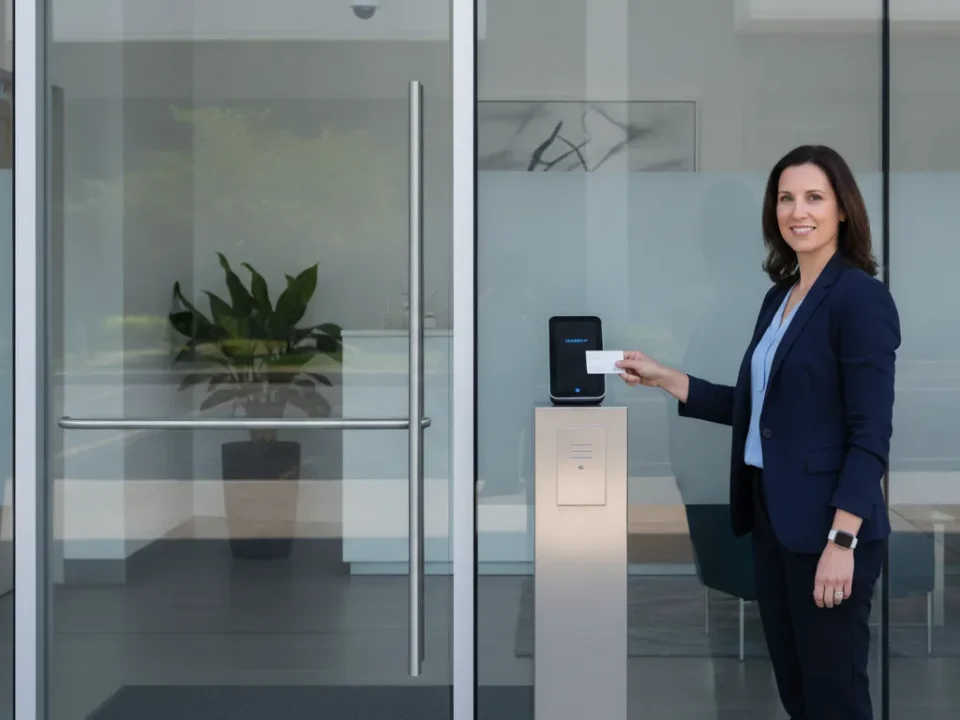 Employee using a commercial access control card reader