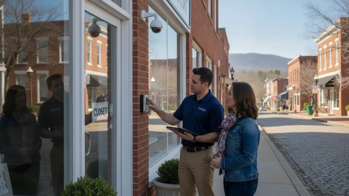 Security professional discussing an alarm system with a local business owner