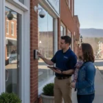 Security professional discussing an alarm system with a local business owner