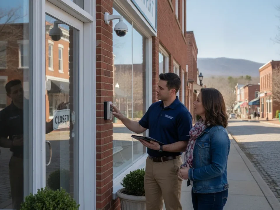 Security professional discussing an alarm system with a local business owner