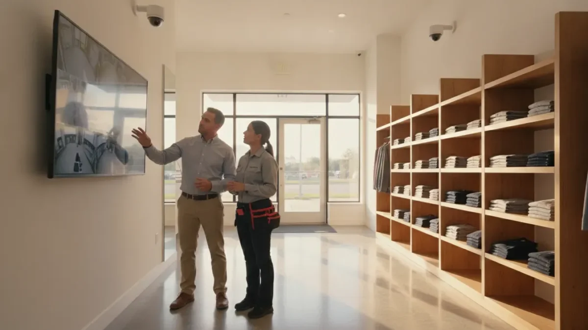 Business owner reviewing commercial security cameras with a professional installer