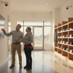 Business owner reviewing commercial security cameras with a professional installer