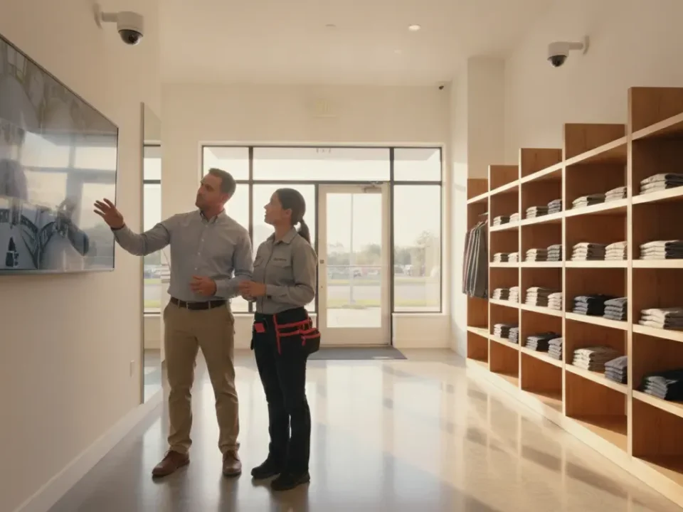 Business owner reviewing commercial security cameras with a professional installer