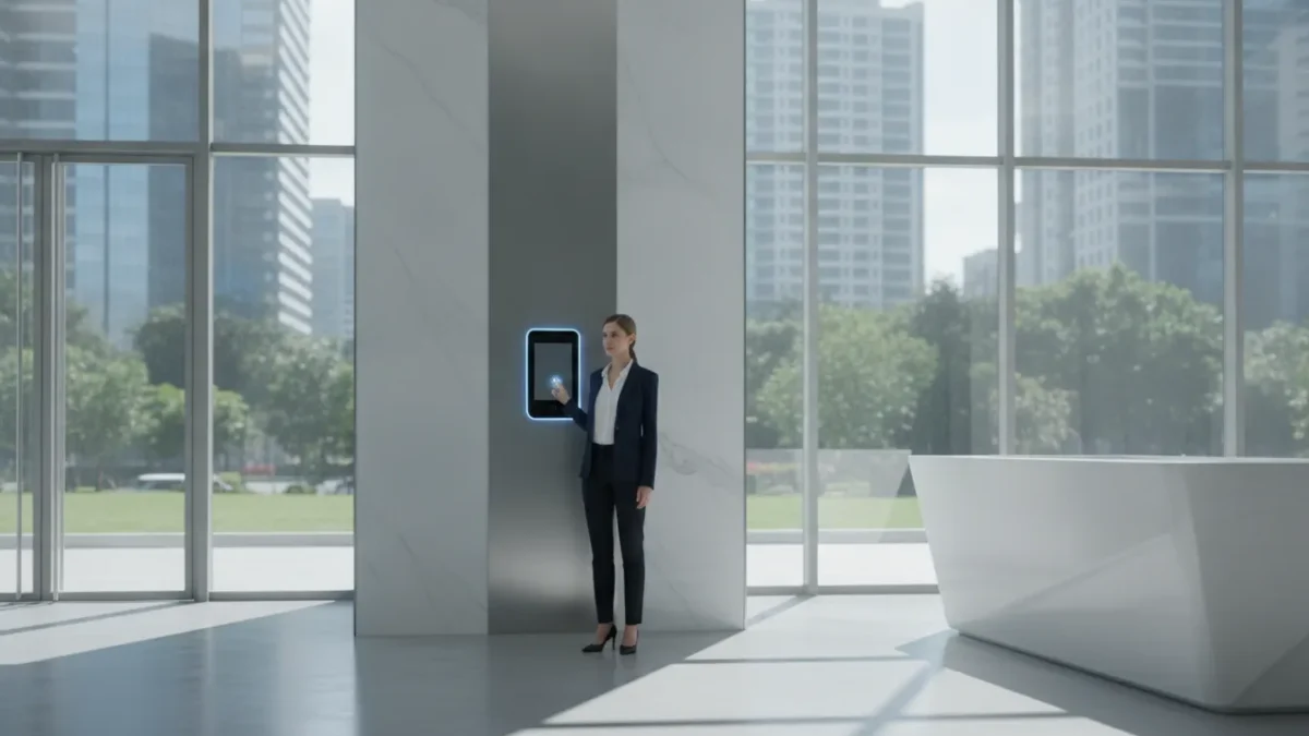 Professional using biometric access control at a commercial entrance