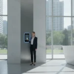 Professional using biometric access control at a commercial entrance