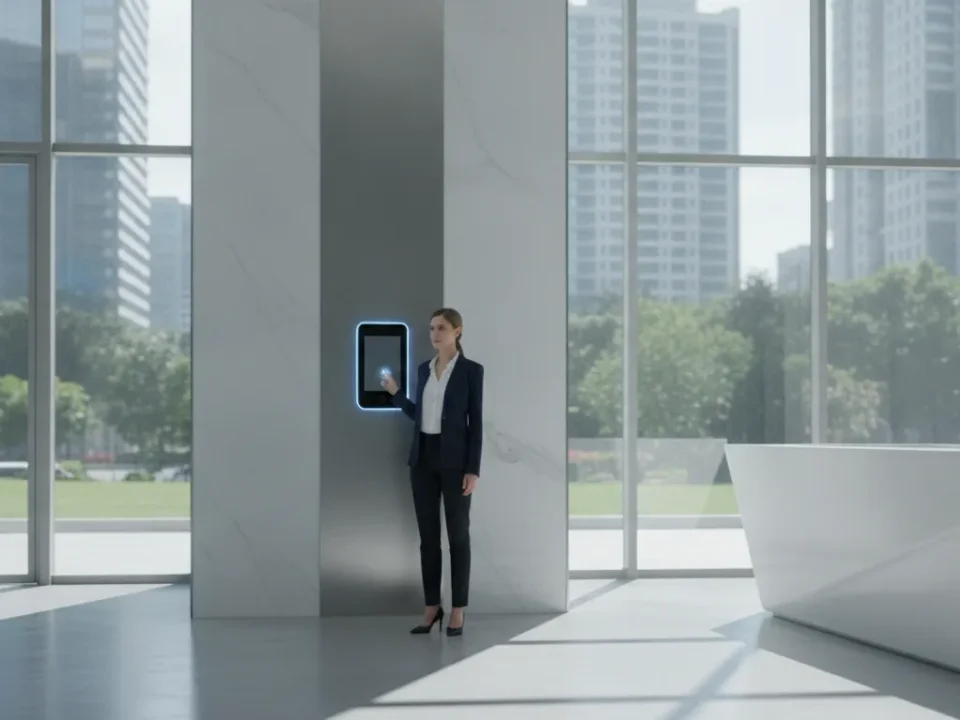 Professional using biometric access control at a commercial entrance