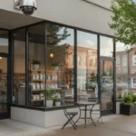 Commercial security camera overlooking a business storefront