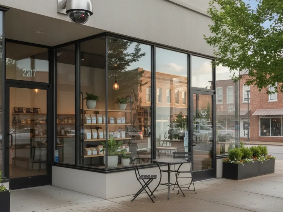 Commercial security camera overlooking a business storefront