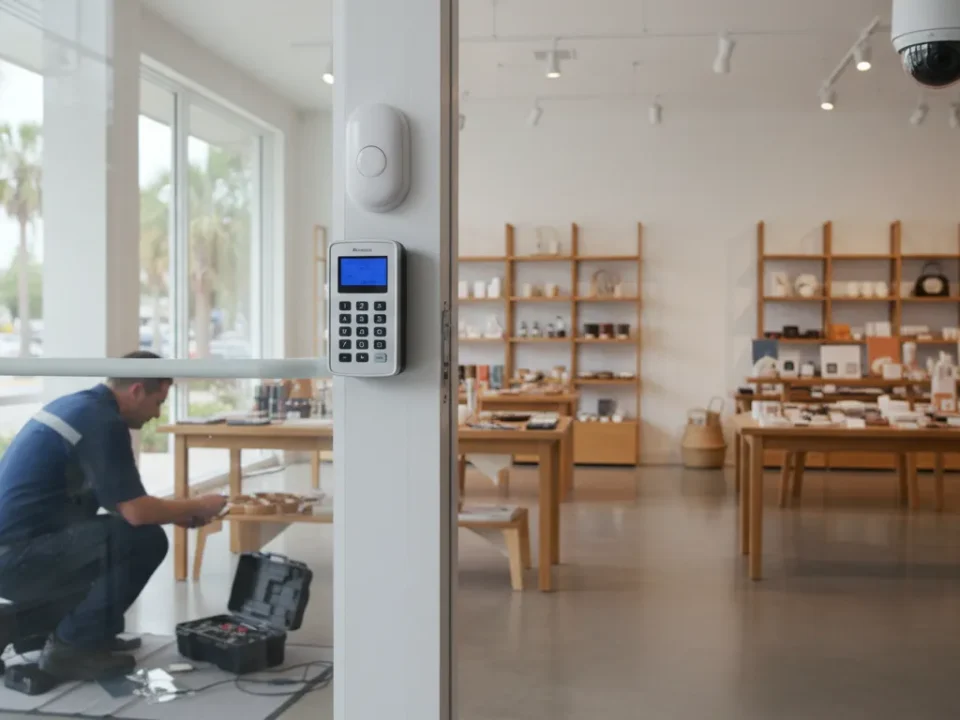 Commercial alarm system installed in a small business storefront