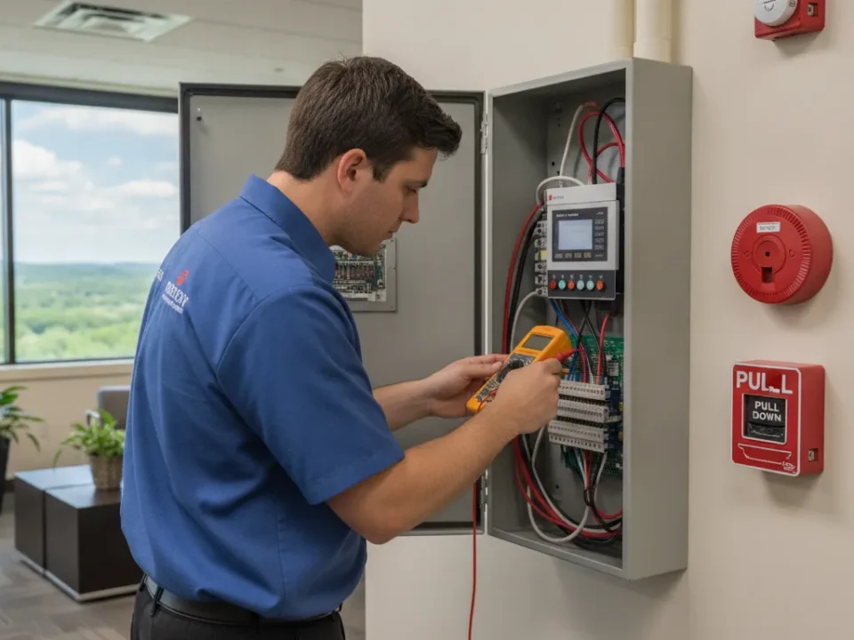 Technician inspecting a commercial fire alarm control panel
