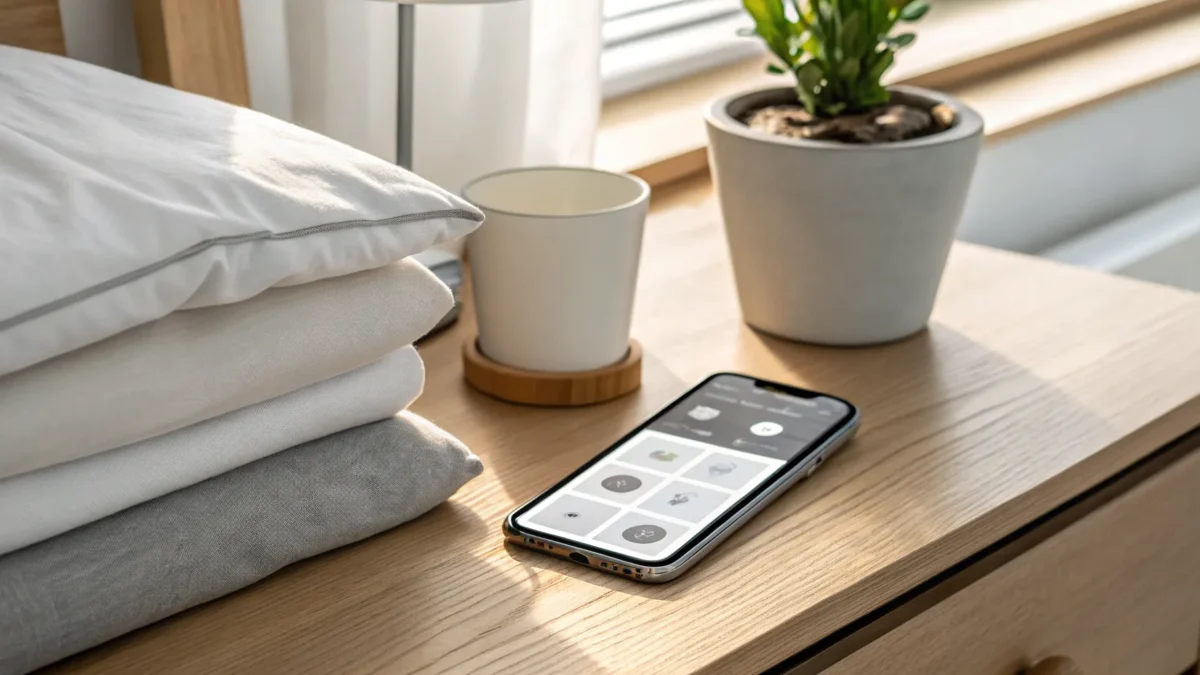 A smartphone on a bedside table showing a morning alarm app.