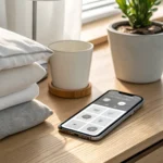 A smartphone on a bedside table showing a morning alarm app.
