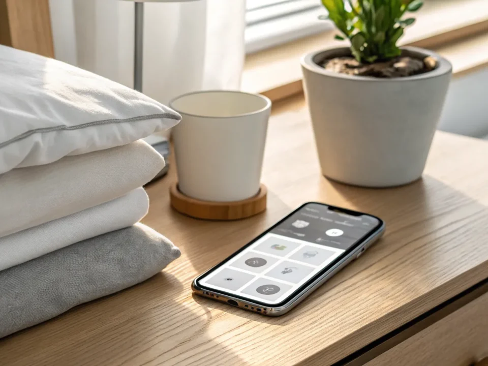 A smartphone on a bedside table showing a morning alarm app.