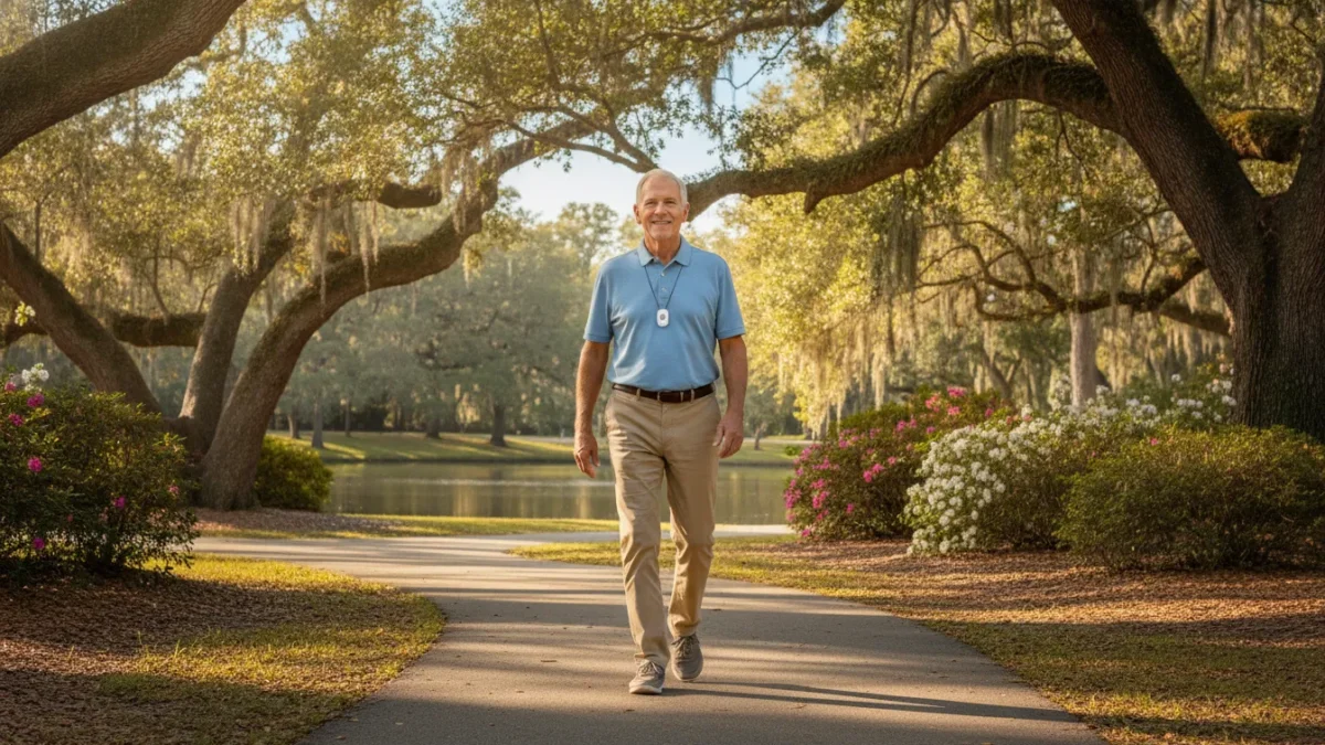 Senior adult wearing a GPS medical alert pendant while walking outdoors