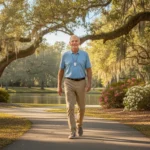 Senior adult wearing a GPS medical alert pendant while walking outdoors