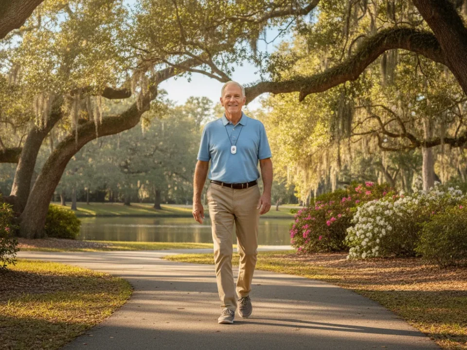 Senior adult wearing a GPS medical alert pendant while walking outdoors
