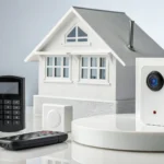 Home alarm system cost is determined by equipment like a camera, keypad, sensors, and remote by a house.