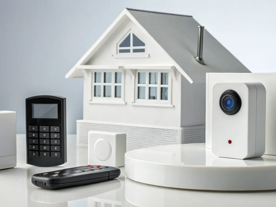 Home alarm system cost is determined by equipment like a camera, keypad, sensors, and remote by a house.
