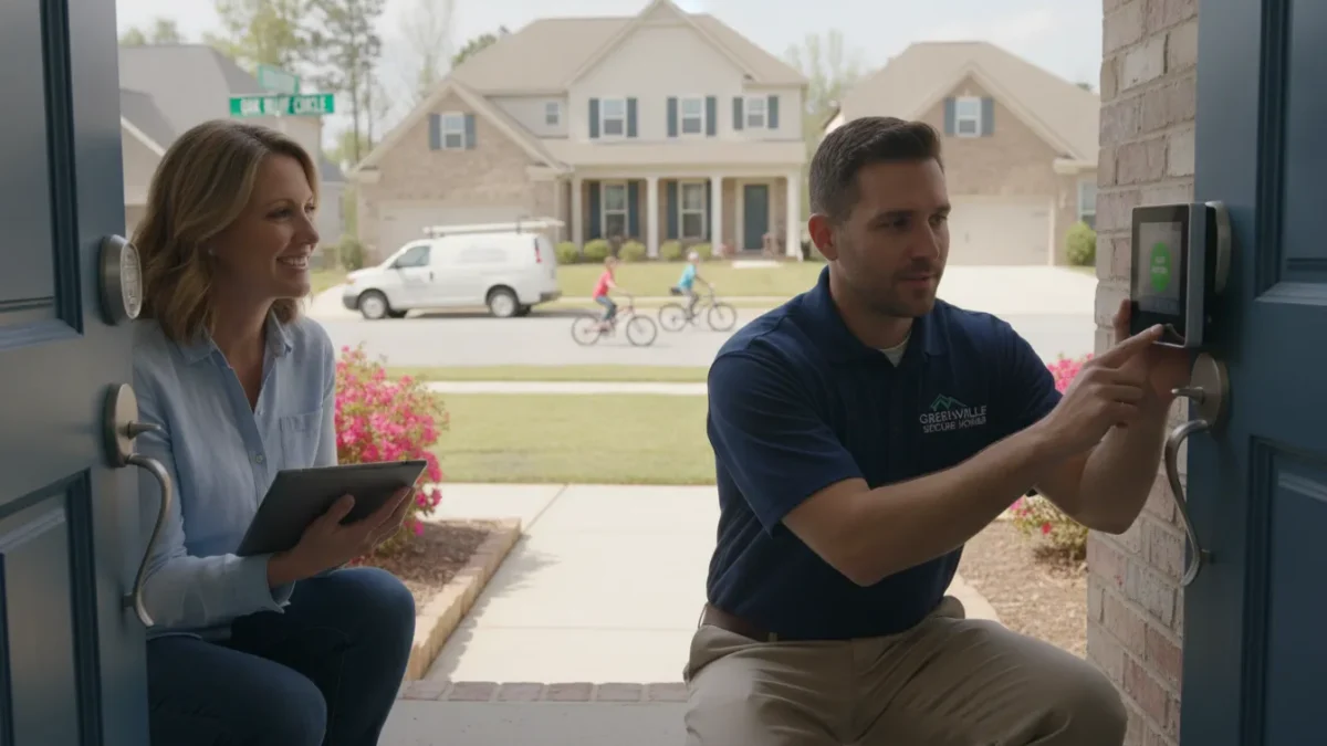 Local home security company professional helping a Greenville homeowner