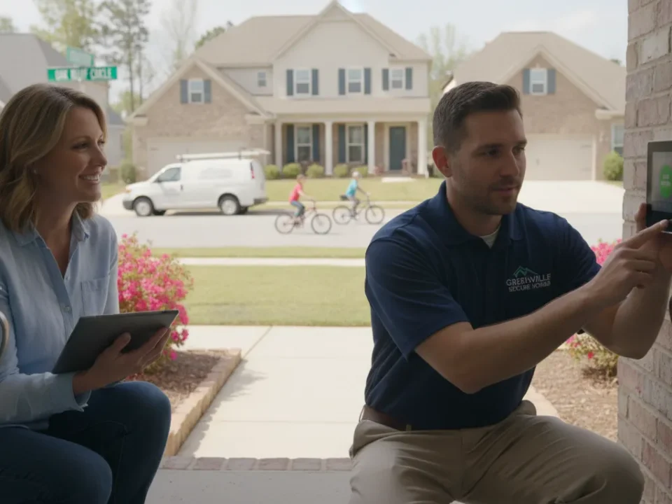 Local home security company professional helping a Greenville homeowner