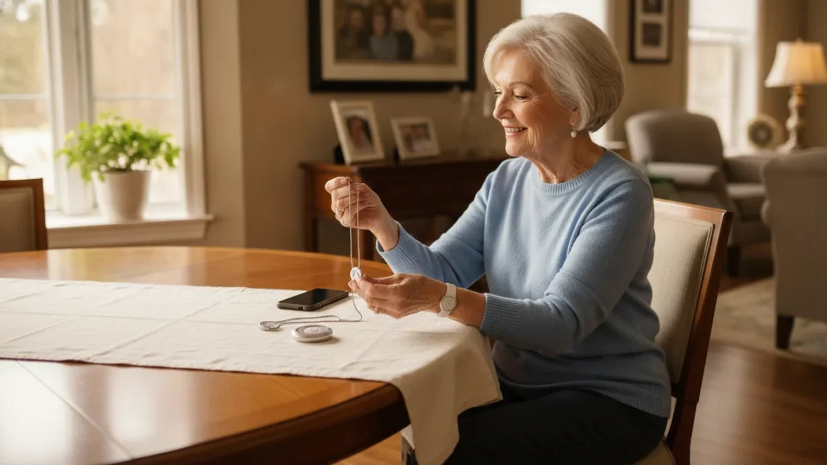 Older adult comparing a medical alert bracelet and pendant