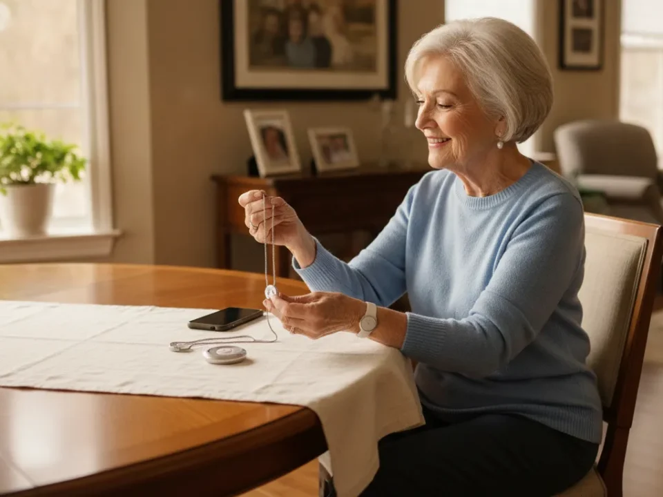 Older adult comparing a medical alert bracelet and pendant