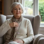 Senior wearing a medical alert pendant at home