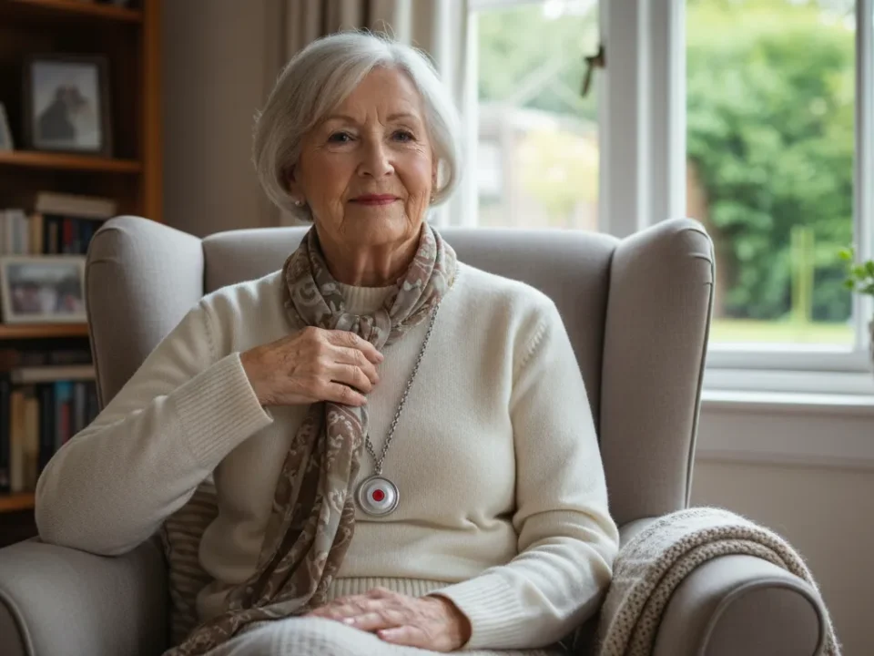 Senior wearing a medical alert pendant at home