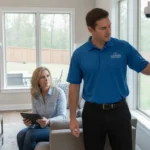 Homeowner discussing a no-contract home security system with a professional installer