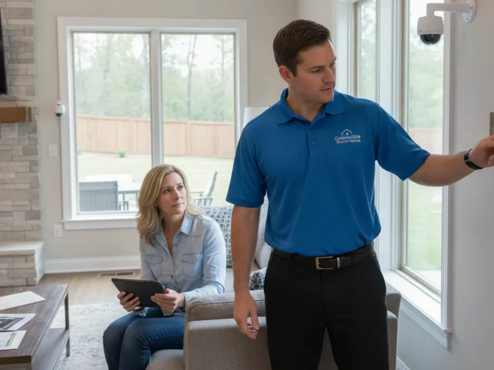 Homeowner discussing a no-contract home security system with a professional installer
