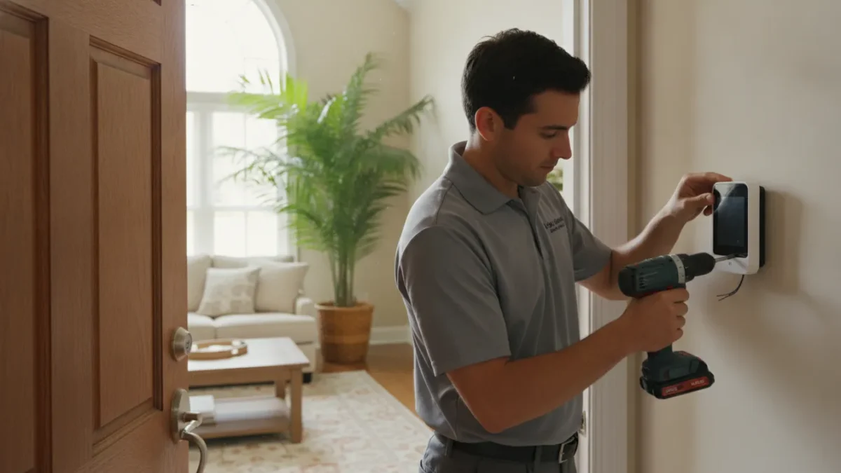 Technician testing sensors during professional home security installation