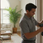 Technician testing sensors during professional home security installation
