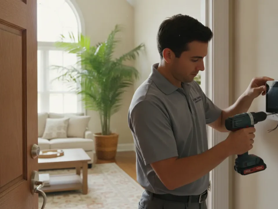 Technician testing sensors during professional home security installation