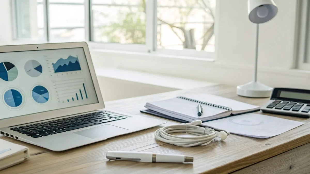 Calculating small business security system cost with a laptop showing charts, a calculator, and a notepad.