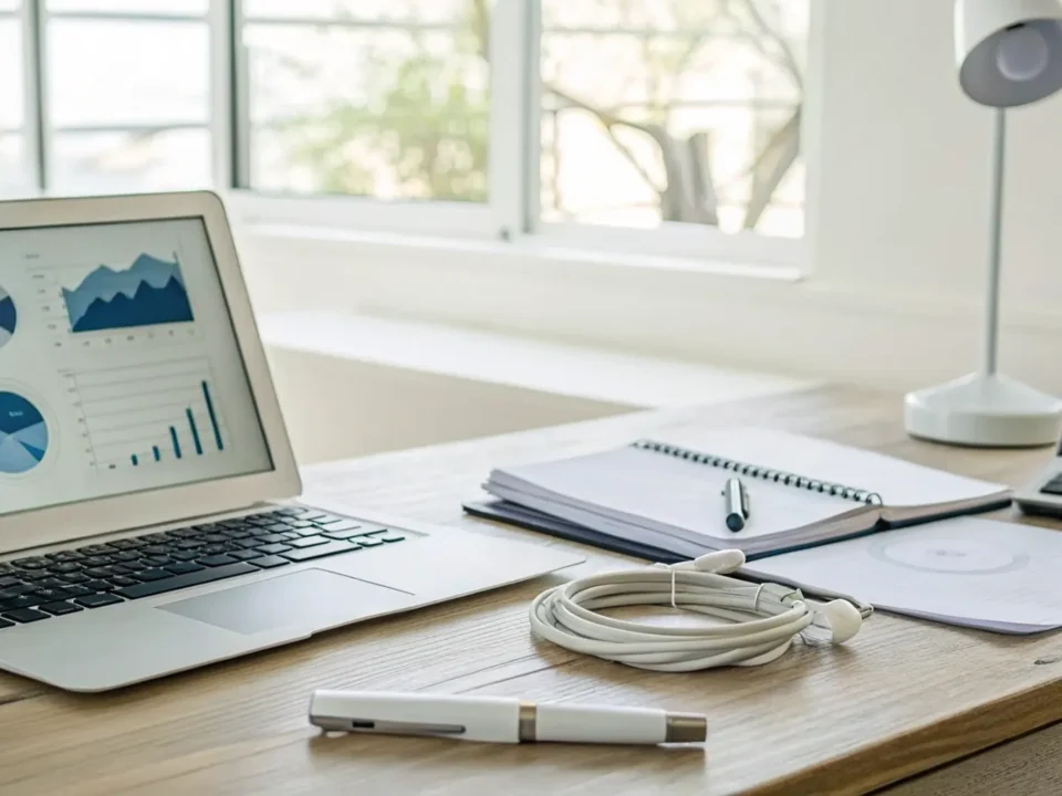 Calculating small business security system cost with a laptop showing charts, a calculator, and a notepad.