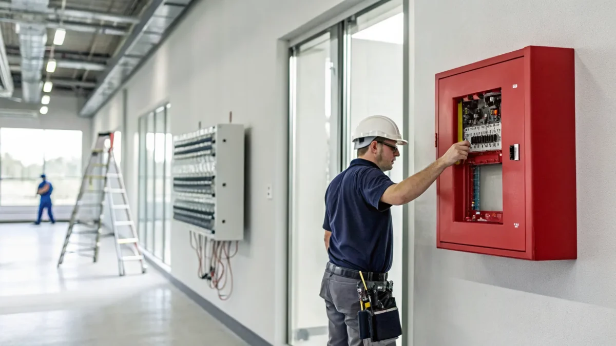 Fire alarm contractor inspecting a commercial fire alarm panel for safety and compliance.