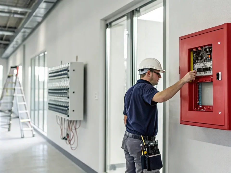 Fire alarm contractor inspecting a commercial fire alarm panel for safety and compliance.