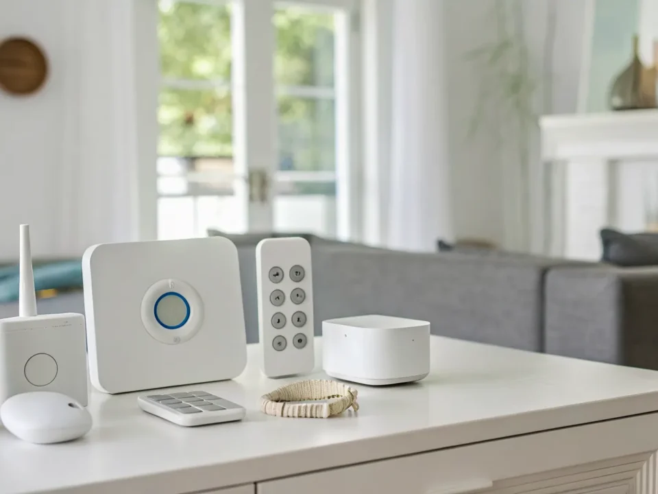 A wireless smart home alarm system with its keypad and sensors on a table.