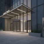 Modern commercial building entrance with keyless access system and smartphone mobile credential technology