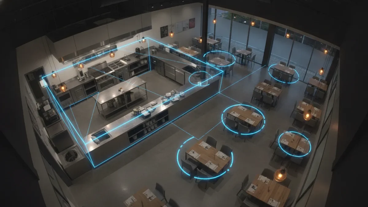 AI-powered security camera perspective of a commercial kitchen and dining area with analytics overlay