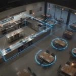AI-powered security camera perspective of a commercial kitchen and dining area with analytics overlay