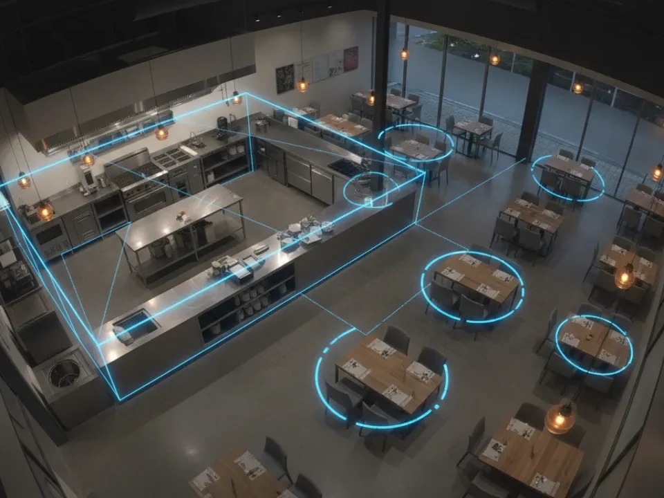 AI-powered security camera perspective of a commercial kitchen and dining area with analytics overlay