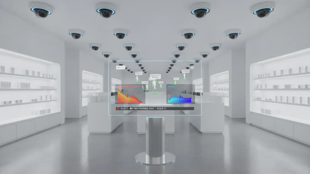 AI-powered security cameras in a retail store with analytics display